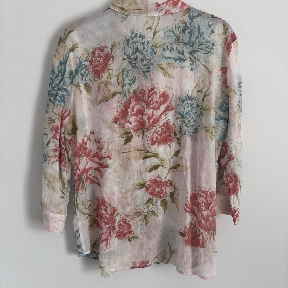 Chico's Floral Button-Up Blouse in Pink, Blue, Olive - Picture 3 of 9